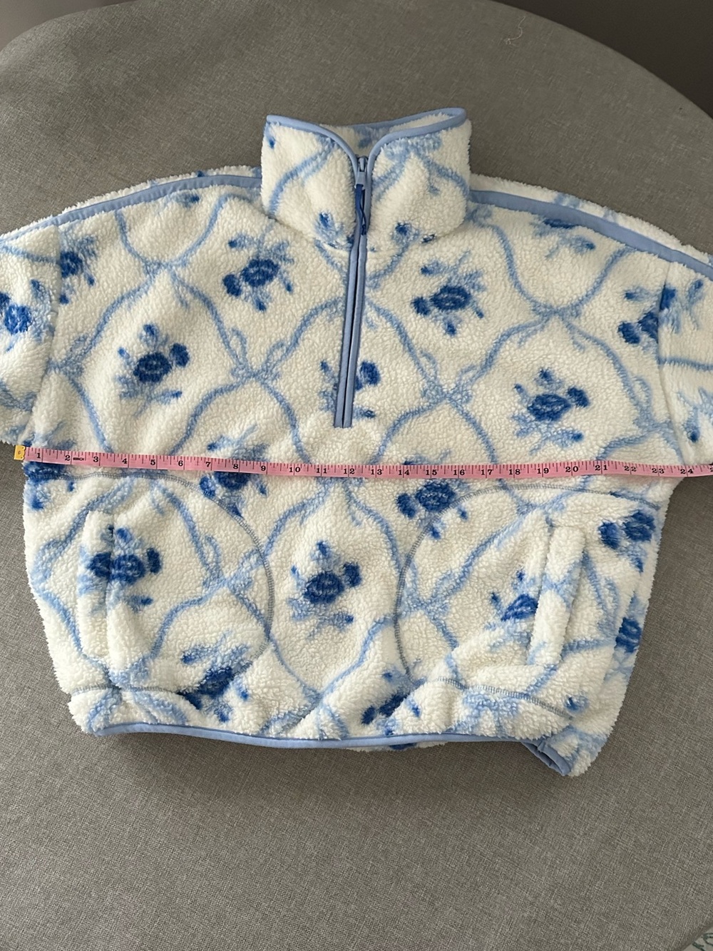 Cream and Light Blue Floral Sherpa Half-Zip Jacket- TALL - Picture 6 of 12
